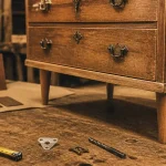 Pieds de meuble en bois sur commode, installation en atelier de menuiserie