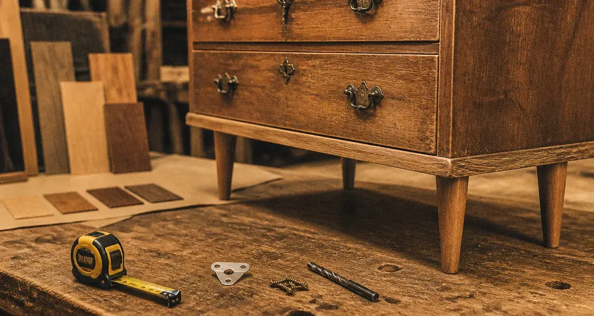 Pieds de meuble en bois sur commode, installation en atelier de menuiserie