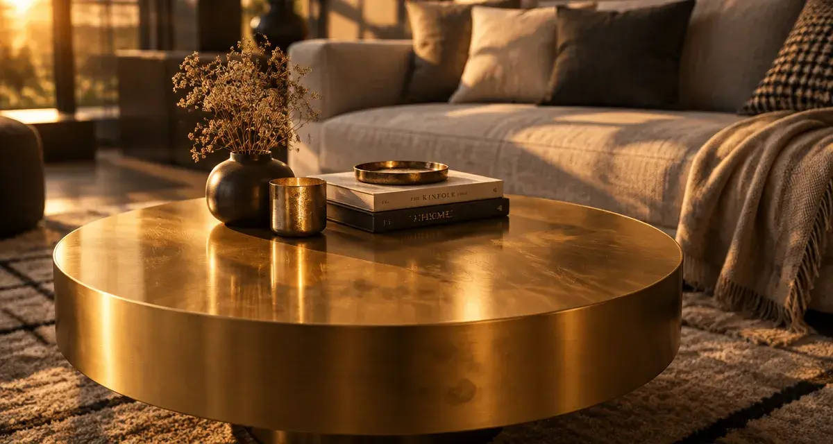 Table basse dorée ronde en métal brossé, salon moderne au golden hour